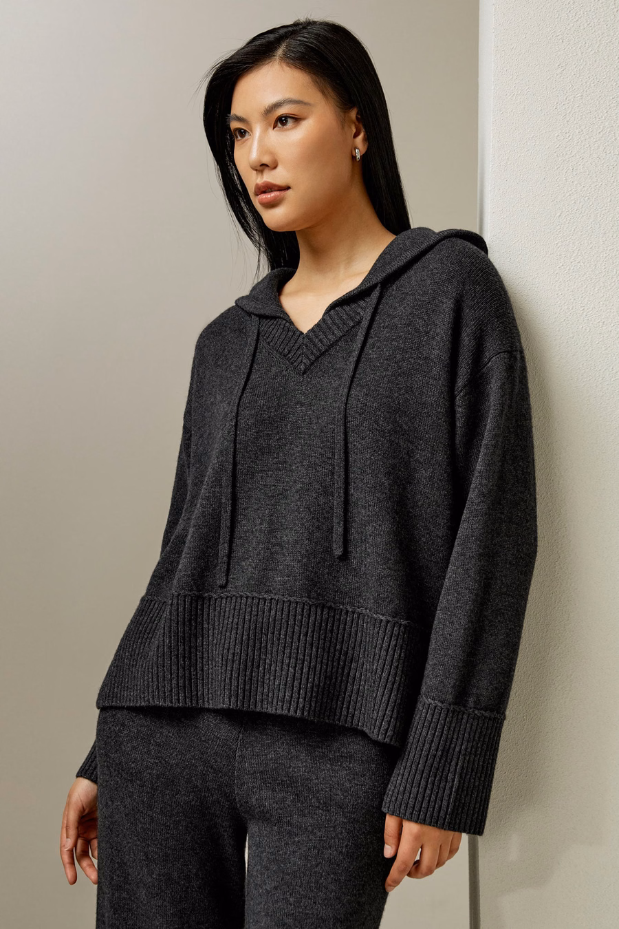 Vネックウールカシミアブレンドフーディ