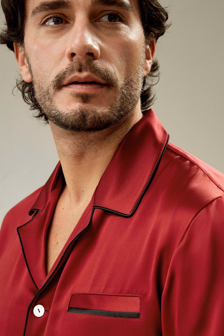 ロングシルクパジャマセット コントラストトリム付き