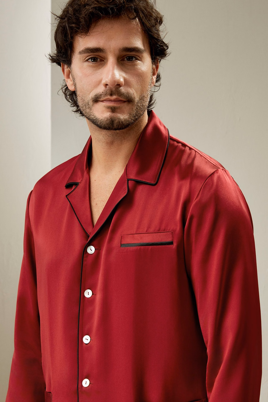 ロングシルクパジャマセット コントラストトリム付き