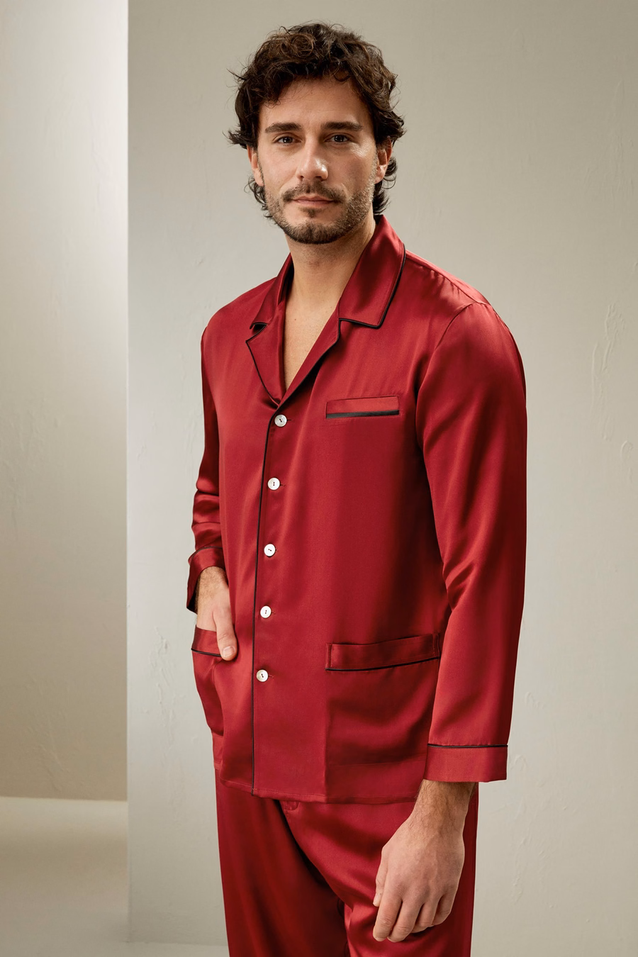 ロングシルクパジャマセット コントラストトリム付き