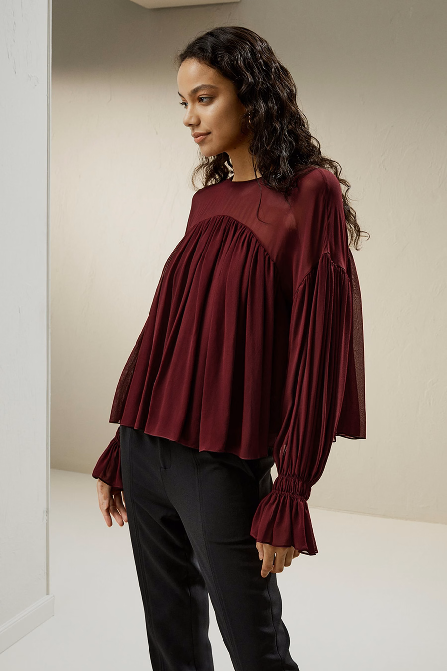 シアーショルダ ruffle シャツ